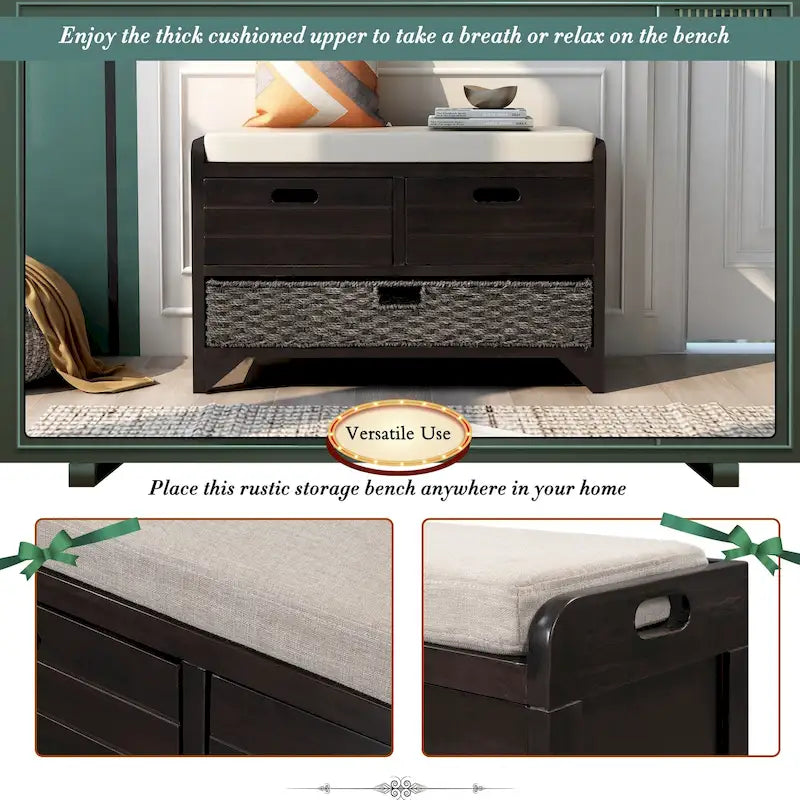 Panca contenitore con cesto rimovibile e 2 cassetti, panca scarpiera completamente assemblata con cuscino rimovibile - 81,3 L x 30 L x 50,8 A cm