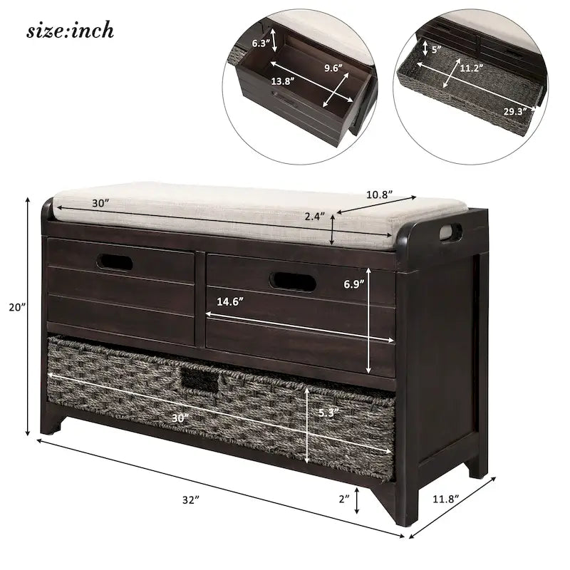 Panca contenitore con cesto rimovibile e 2 cassetti, panca scarpiera completamente assemblata con cuscino rimovibile - 81,3 L x 30 L x 50,8 A cm