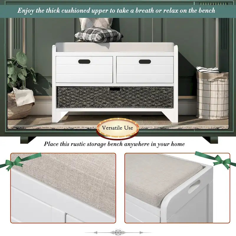 Panca contenitore con cesto rimovibile e 2 cassetti, panca scarpiera completamente assemblata con cuscino rimovibile - 81,3 L x 30 L x 50,8 A cm