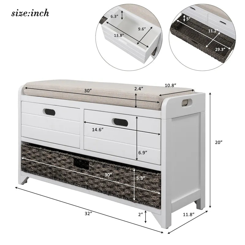 Panca contenitore con cesto rimovibile e 2 cassetti, panca scarpiera completamente assemblata con cuscino rimovibile - 81,3 L x 30 L x 50,8 A cm