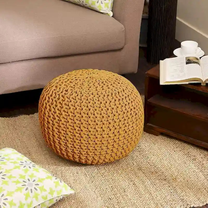 Pouf in Cotone Lavorato a Maglia a Mano Intrecciato a Cavo - Poggiapiedi - Seduta d'Accento - Pouf Sacco - Soggiorno Bambini - 45x45x35 cm