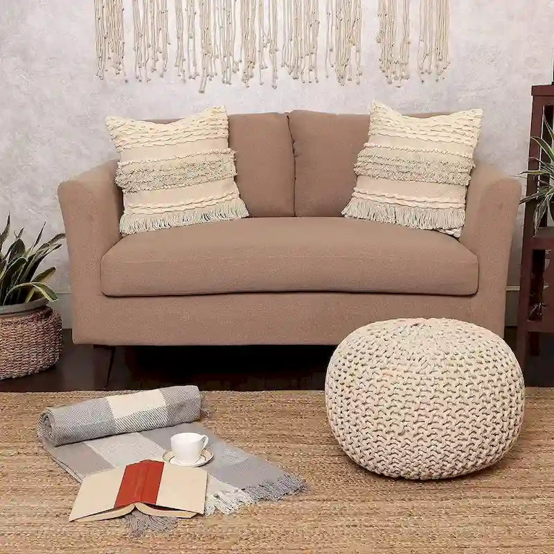 Pouf in Cotone Lavorato a Maglia a Mano Intrecciato a Cavo - Poggiapiedi - Seduta d'Accento - Pouf Sacco - Soggiorno Bambini - 45x45x35 cm