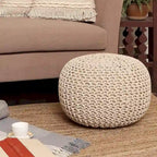 Pouf in Cotone Lavorato a Maglia a Mano Intrecciato a Cavo - Poggiapiedi - Seduta d'Accento - Pouf Sacco - Soggiorno Bambini - 45x45x35 cm
