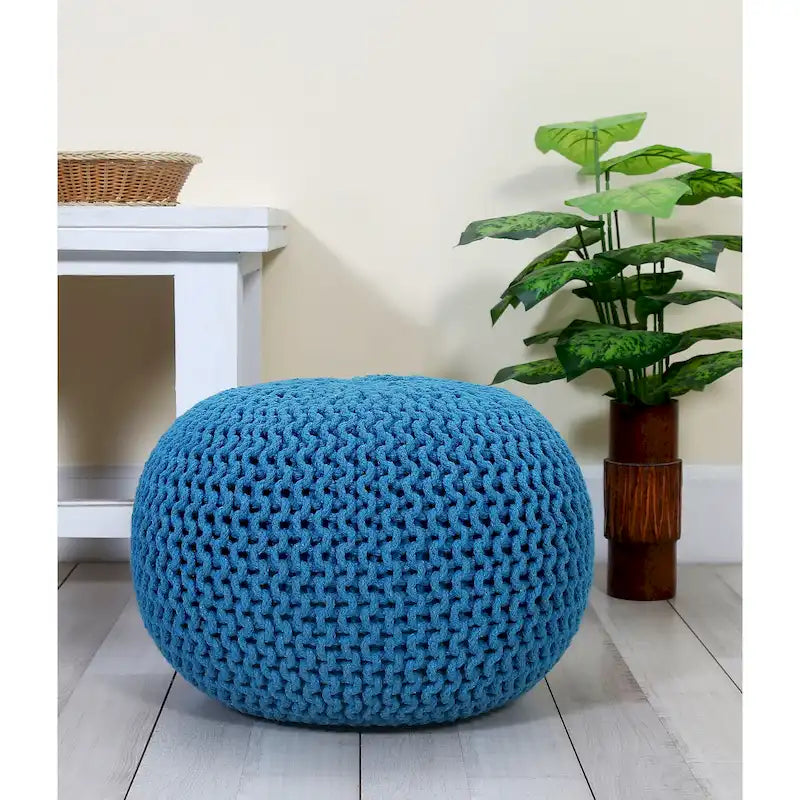 Pouf in Cotone Lavorato a Maglia a Mano Intrecciato a Cavo - Poggiapiedi - Seduta d'Accento - Pouf Sacco - Soggiorno Bambini - 45x45x35 cm