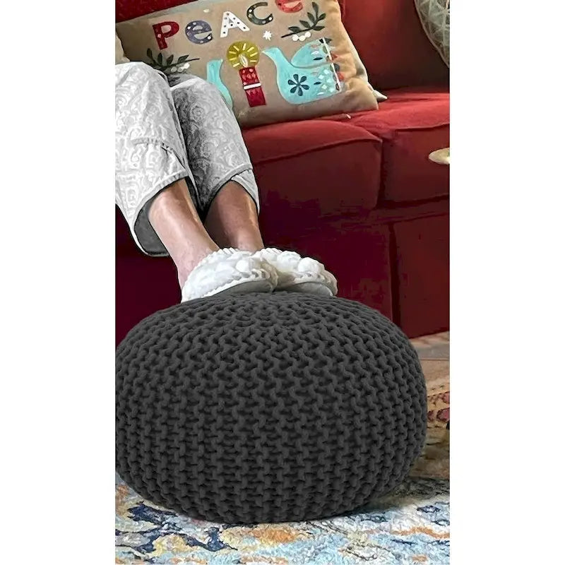 Pouf in Cotone Lavorato a Maglia a Mano Intrecciato a Cavo - Poggiapiedi - Seduta d'Accento - Pouf Sacco - Soggiorno Bambini - 45x45x35 cm