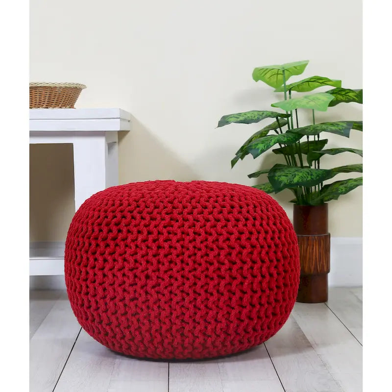 Pouf in Cotone Lavorato a Maglia a Mano Intrecciato a Cavo - Poggiapiedi - Seduta d'Accento - Pouf Sacco - Soggiorno Bambini - 45x45x35 cm