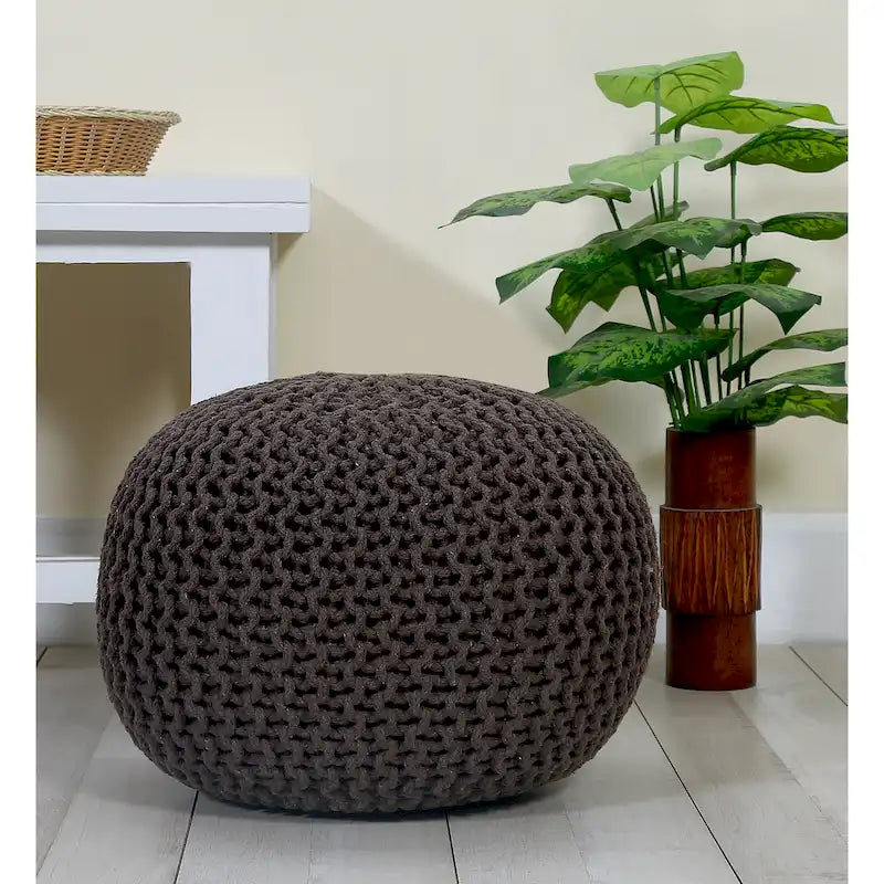 Pouf in Cotone Lavorato a Maglia a Mano Intrecciato a Cavo - Poggiapiedi - Seduta d'Accento - Pouf Sacco - Soggiorno Bambini - 45x45x35 cm