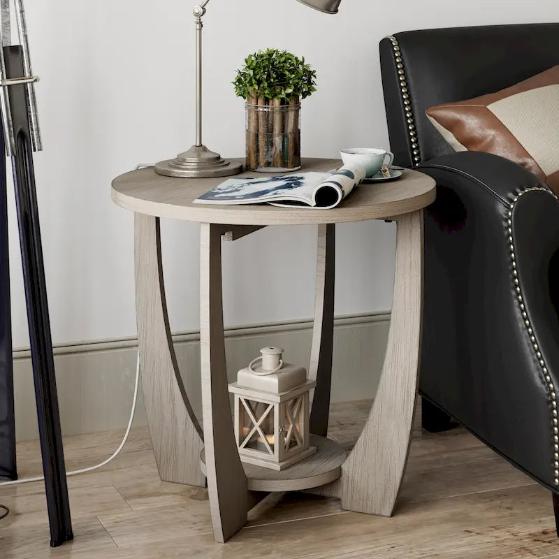 COZAYH Table d'appoint de ferme rustique avec étagère de rangement, Table d'appoint de style campagne française, Ronde