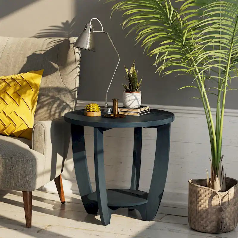 COZAYH Table d'appoint de ferme rustique avec étagère de rangement, Table d'appoint de style campagne française, Ronde