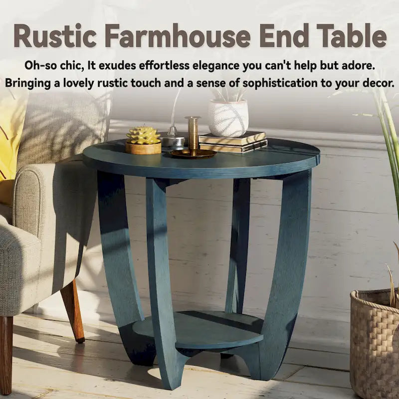 COZAYH Table d'appoint de ferme rustique avec étagère de rangement, Table d'appoint de style campagne française, Ronde