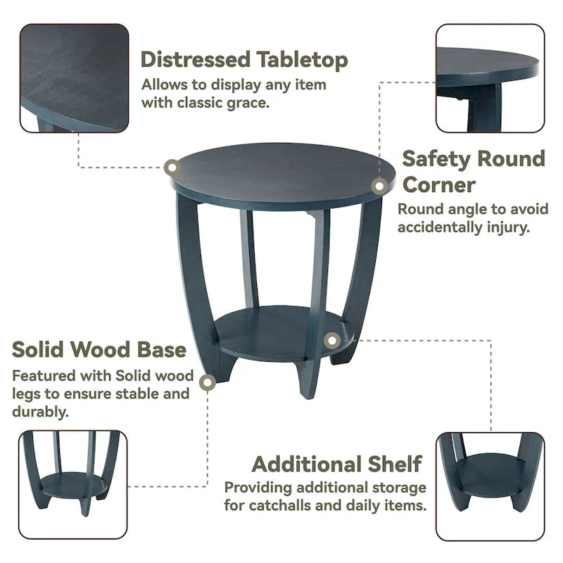COZAYH Table d'appoint de ferme rustique avec étagère de rangement, Table d'appoint de style campagne française, Ronde
