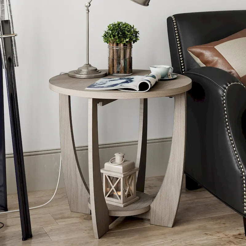 COZAYH Table d'appoint de ferme rustique avec étagère de rangement, Table d'appoint de style campagne française, Ronde