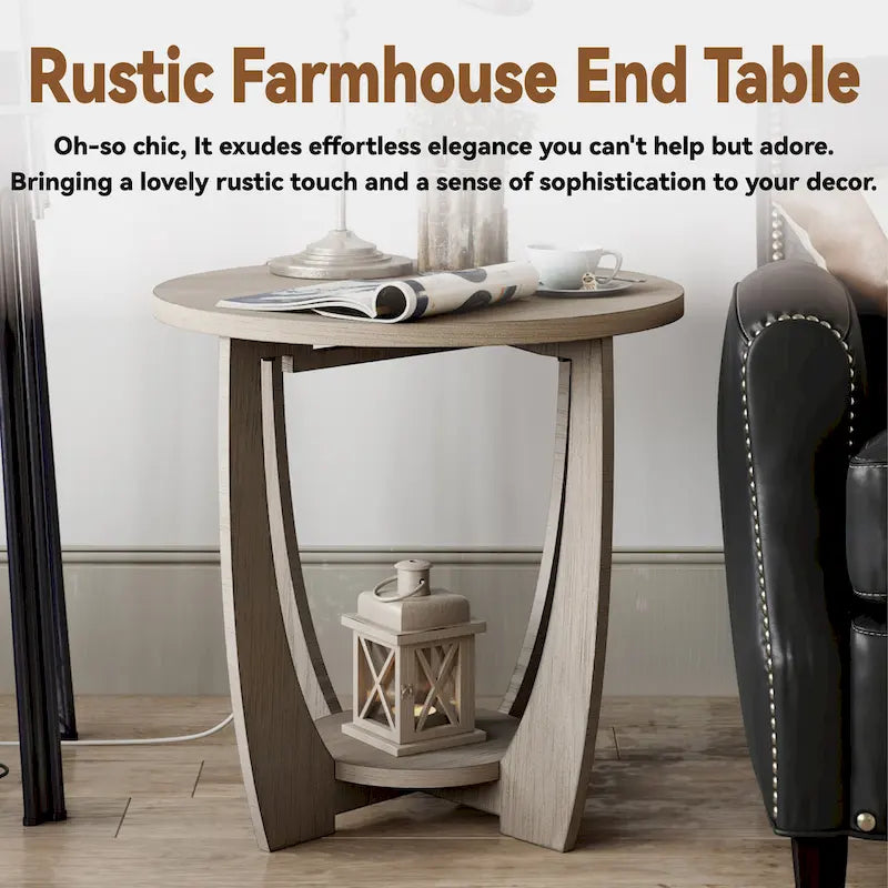 COZAYH Table d'appoint de ferme rustique avec étagère de rangement, Table d'appoint de style campagne française, Ronde