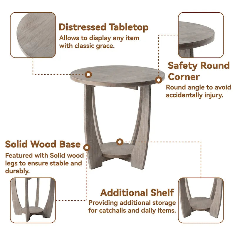 COZAYH Table d'appoint de ferme rustique avec étagère de rangement, Table d'appoint de style campagne française, Ronde