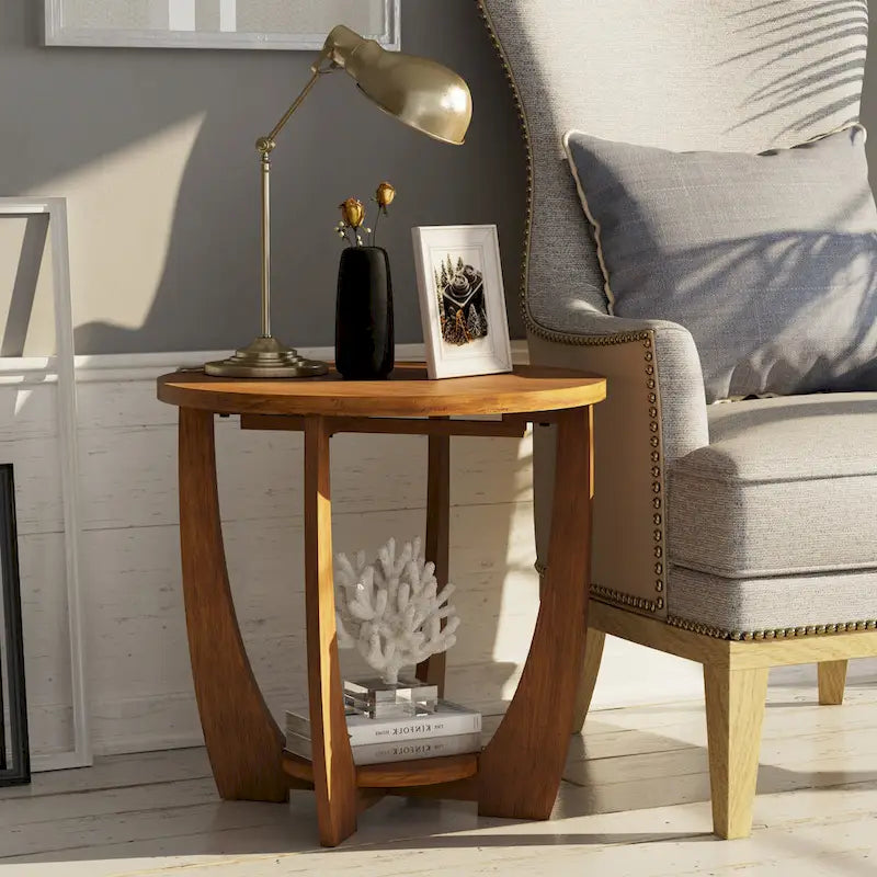 COZAYH Table d'appoint de ferme rustique avec étagère de rangement, Table d'appoint de style campagne française, Ronde