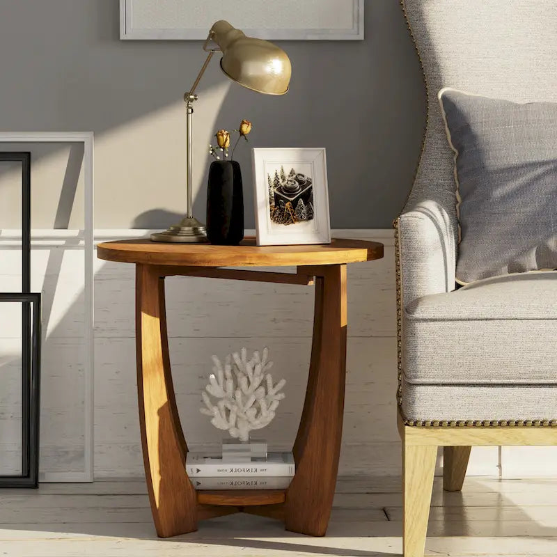 COZAYH Table d'appoint de ferme rustique avec étagère de rangement, Table d'appoint de style campagne française, Ronde
