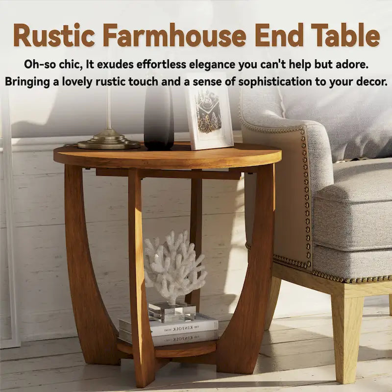 COZAYH Table d'appoint de ferme rustique avec étagère de rangement, Table d'appoint de style campagne française, Ronde