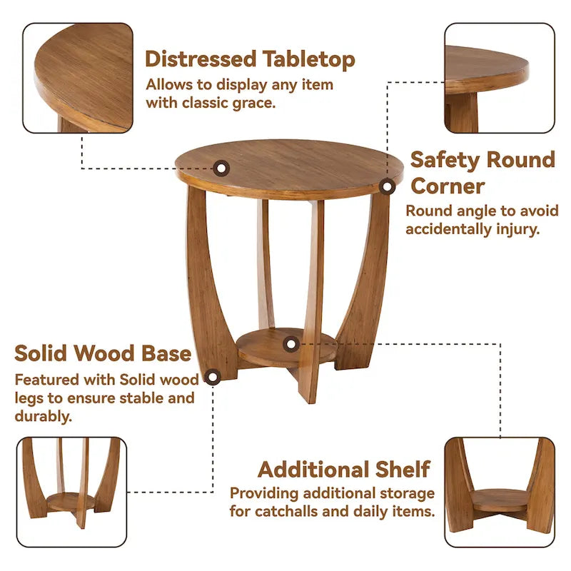 COZAYH Table d'appoint de ferme rustique avec étagère de rangement, Table d'appoint de style campagne française, Ronde