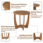 COZAYH Table d'appoint de ferme rustique avec étagère de rangement, Table d'appoint de style campagne française, Ronde