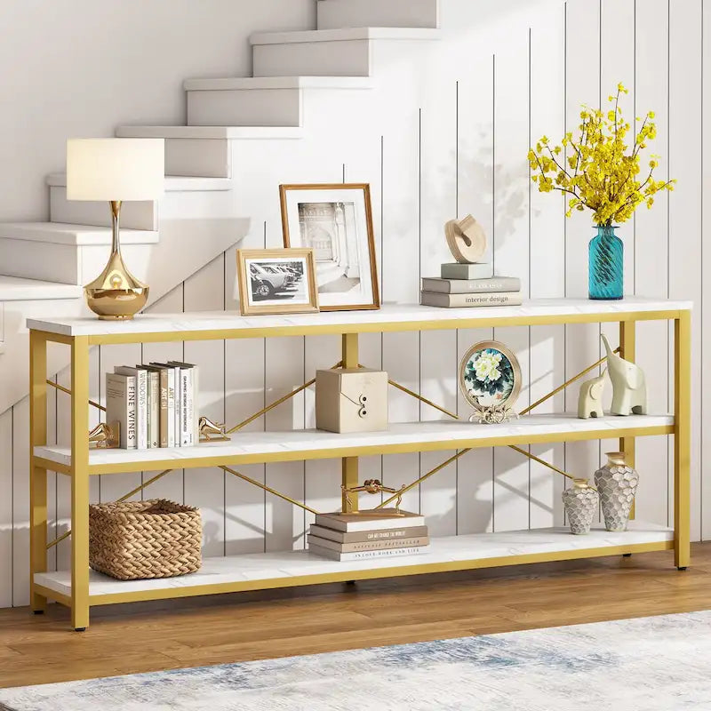 Console étroite extra longue de 70,8 pouces, table de canapé, table d'entrée avec 3 étagères de rangement