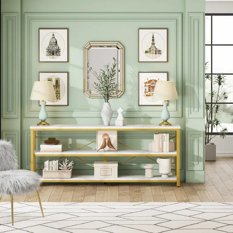 Console étroite extra longue de 70,8 pouces, table de canapé, table d'entrée avec 3 étagères de rangement