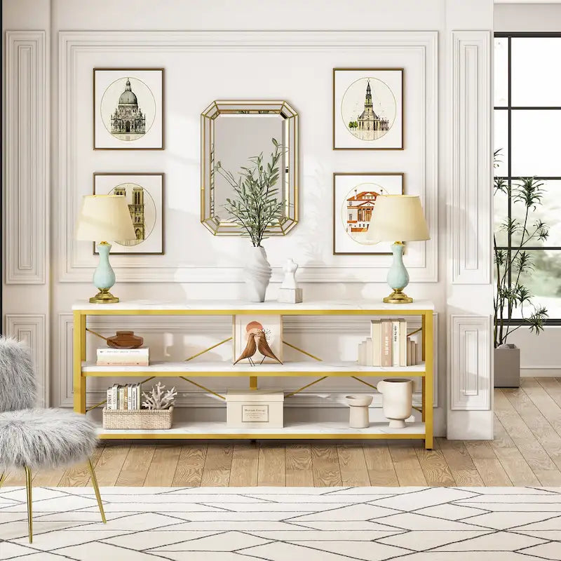 Console étroite extra longue de 70,8 pouces, table de canapé, table d'entrée avec 3 étagères de rangement