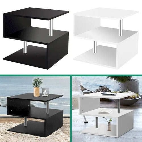 Table d'appoint en bois en forme de S à 3 niveaux avec étagère de rangement - 52,5H x 43,9L x 37,8P
