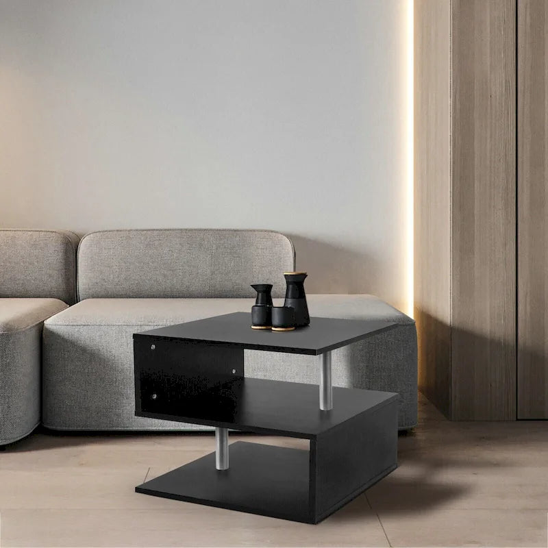 Table d'appoint en bois en forme de S à 3 niveaux avec étagère de rangement - 52,5H x 43,9L x 37,8P