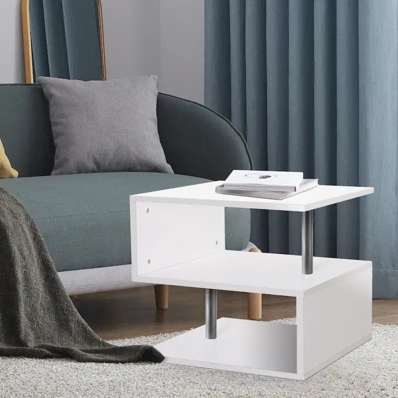 Table d'appoint en bois en forme de S à 3 niveaux avec étagère de rangement - 52,5H x 43,9L x 37,8P
