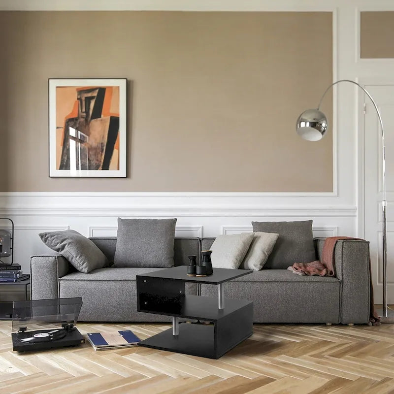 Table d'appoint en bois en forme de S à 3 niveaux avec étagère de rangement - 52,5H x 43,9L x 37,8P
