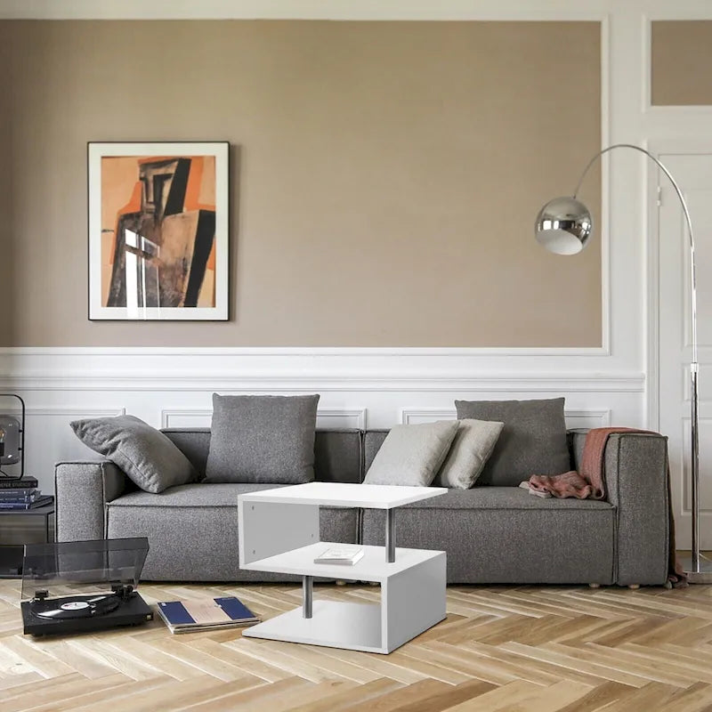 Table d'appoint en bois en forme de S à 3 niveaux avec étagère de rangement - 52,5H x 43,9L x 37,8P