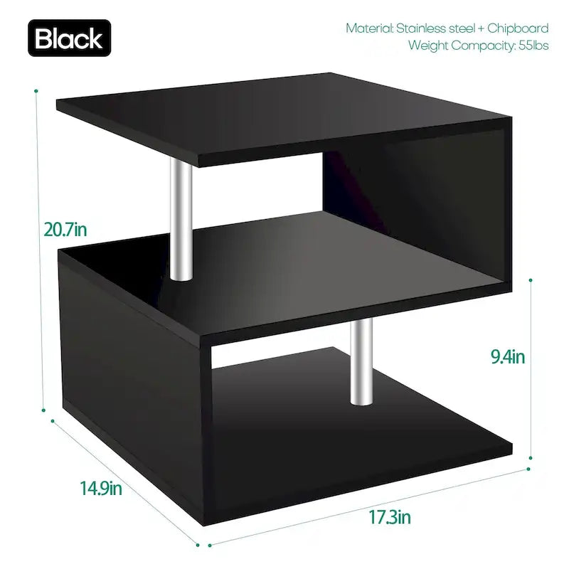 Table d'appoint en bois en forme de S à 3 niveaux avec étagère de rangement - 52,5H x 43,9L x 37,8P