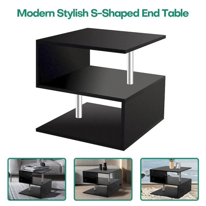 Table d'appoint en bois en forme de S à 3 niveaux avec étagère de rangement - 52,5H x 43,9L x 37,8P