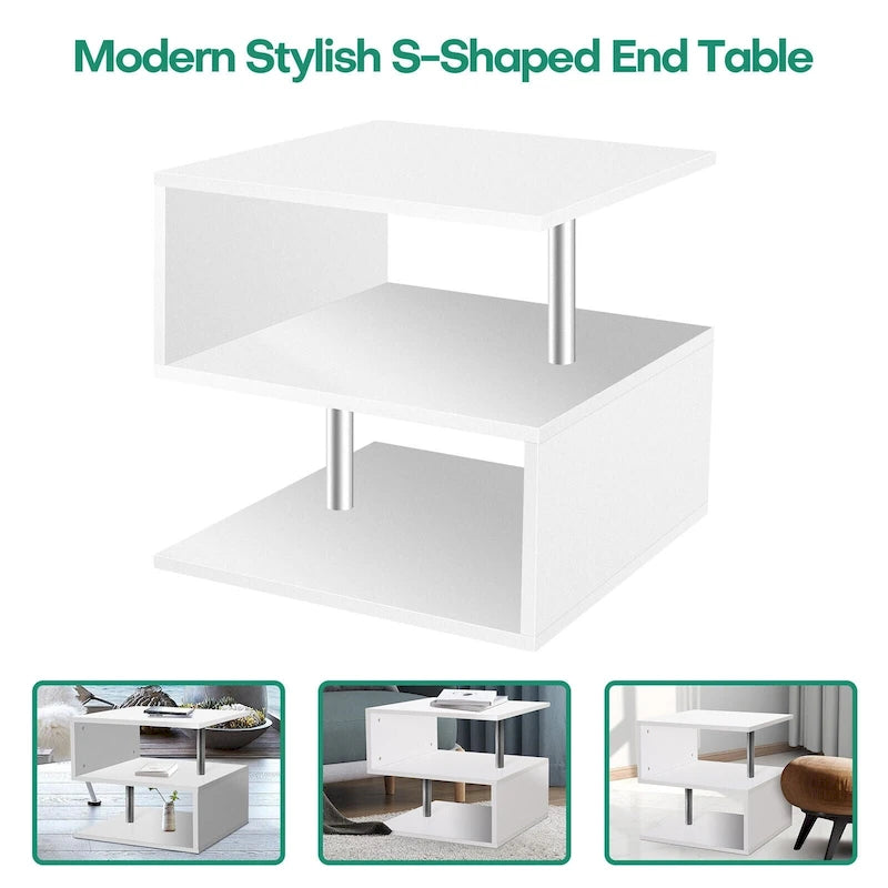 Table d'appoint en bois en forme de S à 3 niveaux avec étagère de rangement - 52,5H x 43,9L x 37,8P