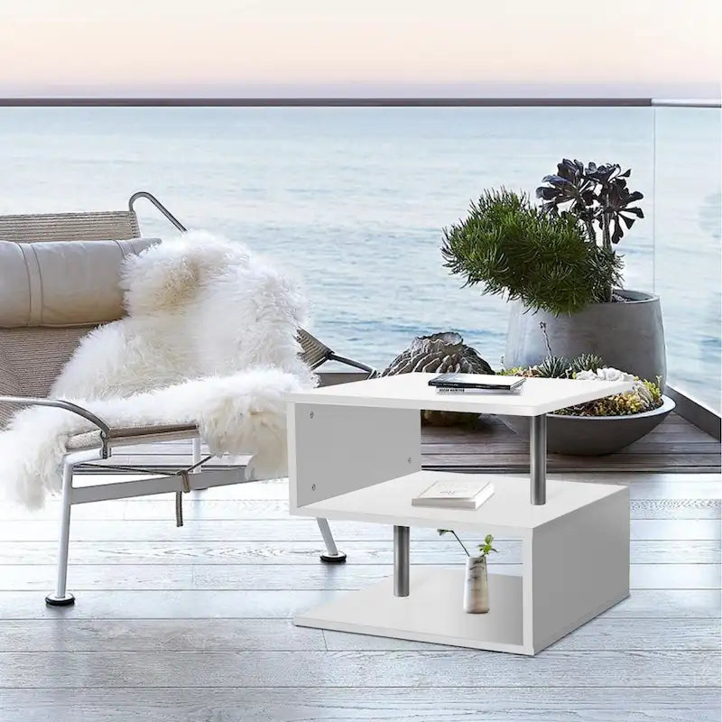 Table d'appoint en bois en forme de S à 3 niveaux avec étagère de rangement - 52,5H x 43,9L x 37,8P