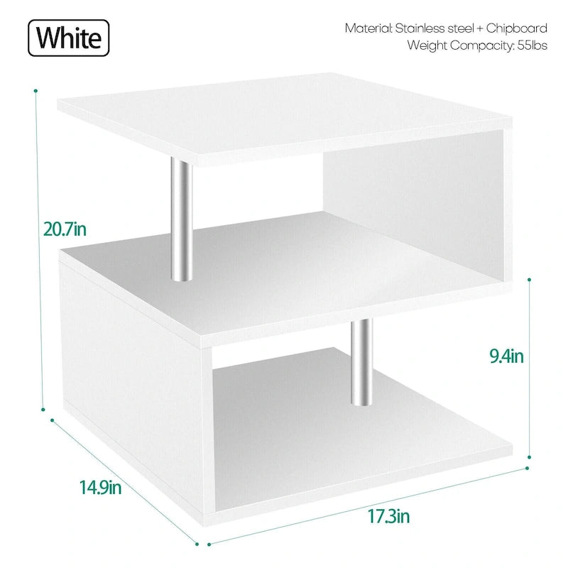 Table d'appoint en bois en forme de S à 3 niveaux avec étagère de rangement - 52,5H x 43,9L x 37,8P