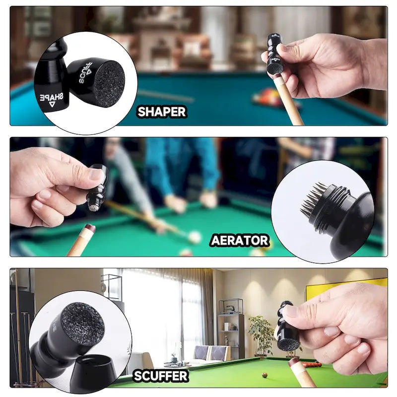 GSE Outil 3-en-1 pour Pointe de Queue de Billard (Ponceur/Formeur/Aérateur), Outil pour Pointe de Queue de Billard – Accessoires de Queue de Billard