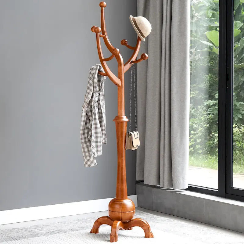 Porte-manteau sur pied en bois d'hévéa à motif de branches d'arbre avec 8 crochets - 24,5 l x 70,87 h