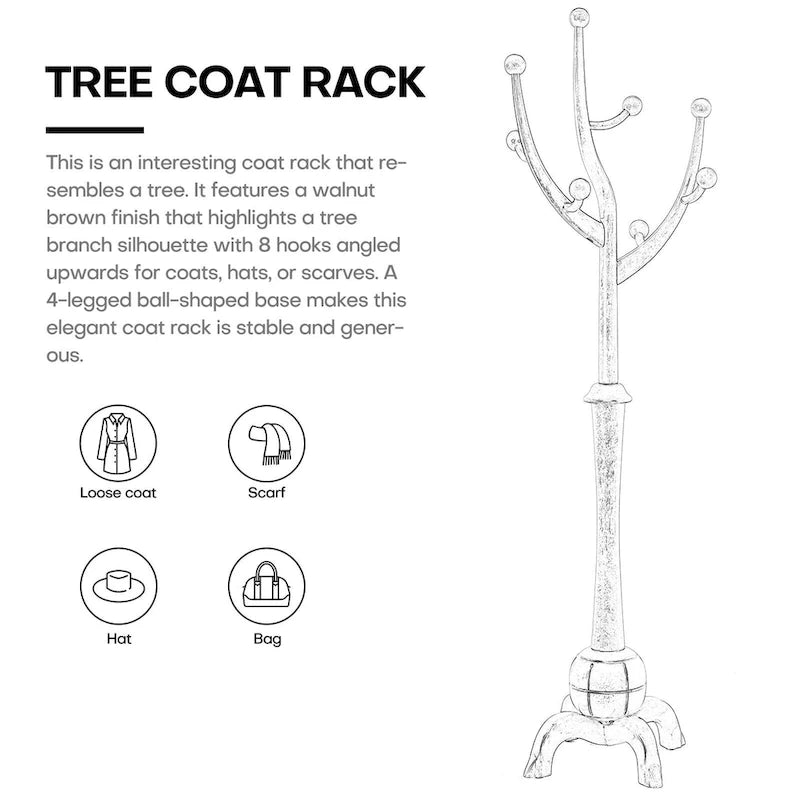Porte-manteau sur pied en bois d'hévéa à motif de branches d'arbre avec 8 crochets - 24,5 l x 70,87 h