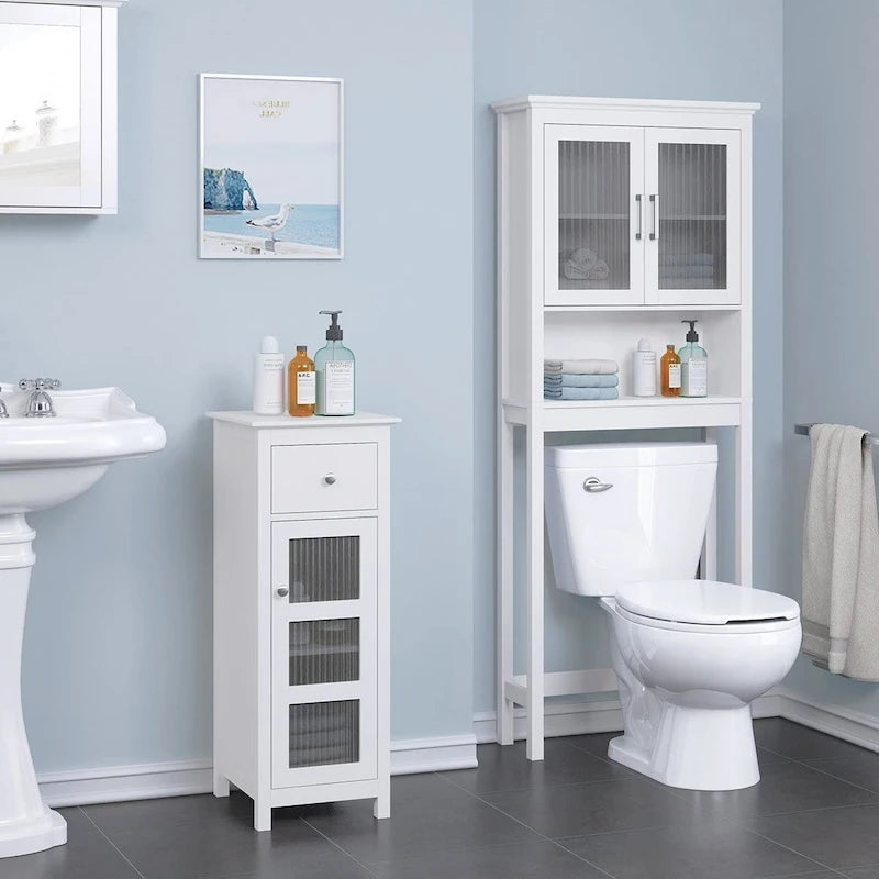 Spirich Home Scaffale da bagno sopra il WC, organizer per armadietto da bagno con anta in vetro temperato Moru