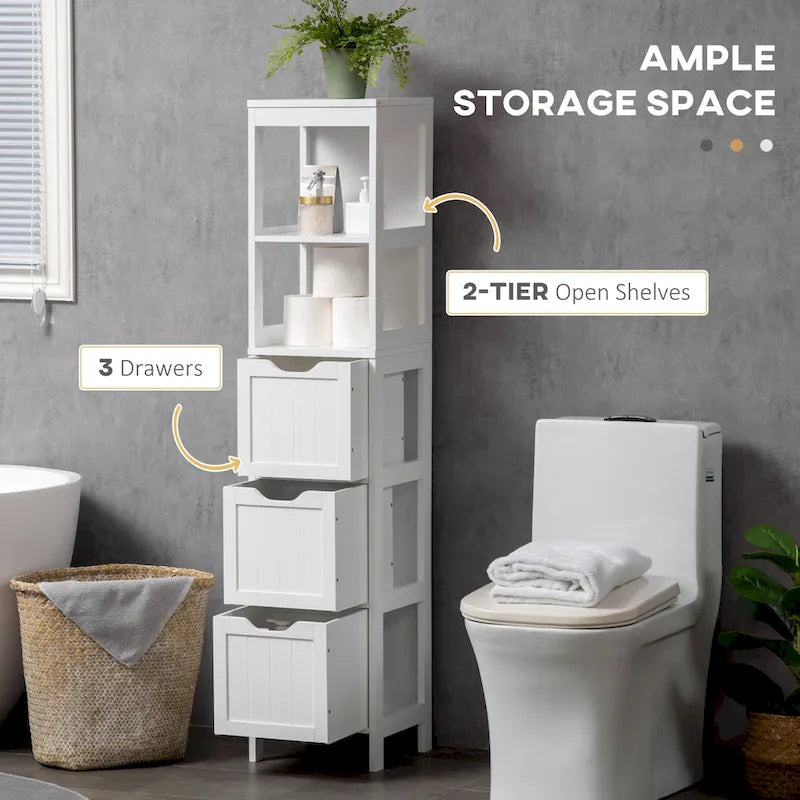 kleankin Mobiletto stretto da bagno con 3 cassetti e ripiano a 2 livelli, armadio alto autoportante, colonna per biancheria, organizer angolare sottile