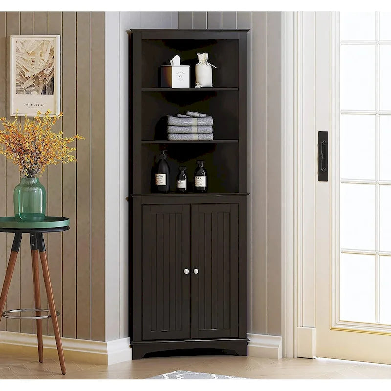 Spirich -Bathroom Storage,Tall Corner Cabinet with 2 Doors and 3 Tier Shelves,White
