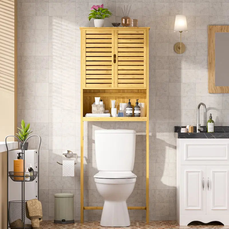 VEIKOUS Mobile da Bagno Salvaspazio in Bambù con Ripiano Regolabile e Ante a Doppia Anta, Organizer da Bagno