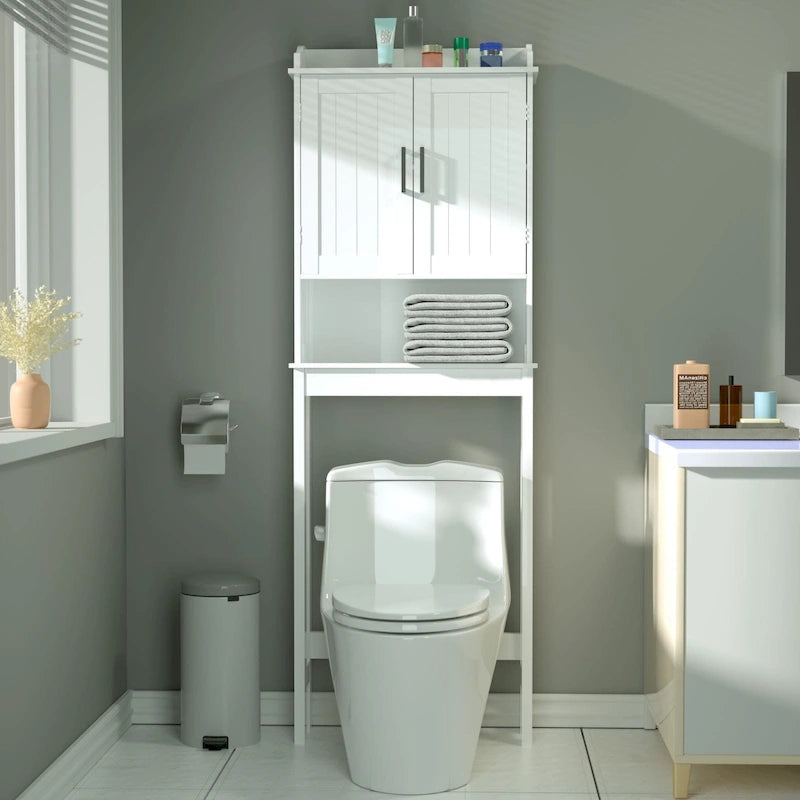 Meuble de rangement VEIKOUS en bambou pour WC, organisateur de salle de bain avec étagère réglable et deux portes