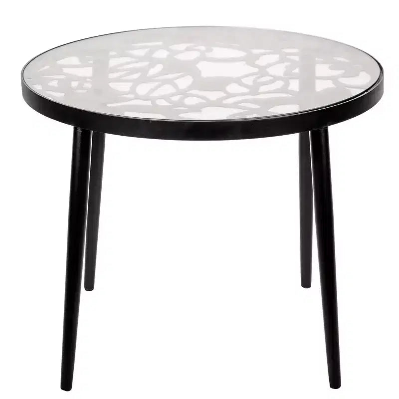 LeisureMod Devon Set da pranzo da esterno in alluminio a 3 pezzi con tavolo con piano in vetro temperato e 2 sedie impilabili con design floreale