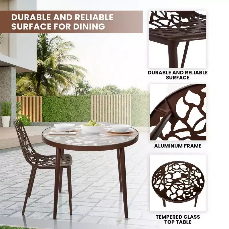 LeisureMod Devon Set da pranzo da esterno in alluminio a 3 pezzi con tavolo con piano in vetro temperato e 2 sedie impilabili con design floreale