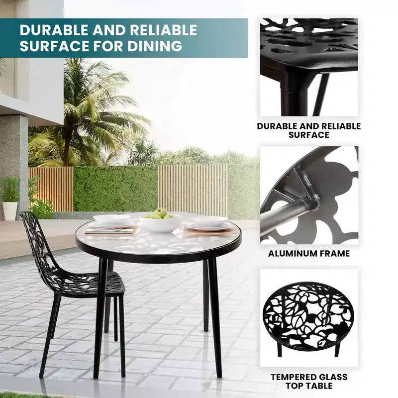 LeisureMod Devon Set da pranzo da esterno in alluminio a 3 pezzi con tavolo con piano in vetro temperato e 2 sedie impilabili con design floreale