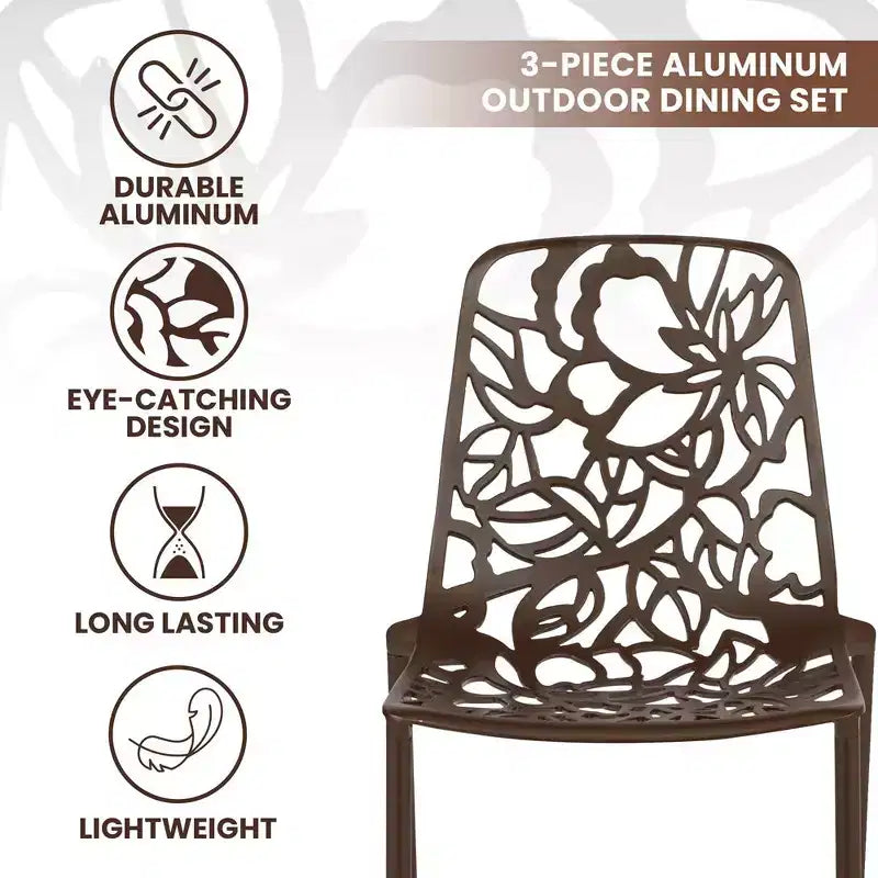 LeisureMod Devon Set da pranzo da esterno in alluminio a 3 pezzi con tavolo con piano in vetro temperato e 2 sedie impilabili con design floreale