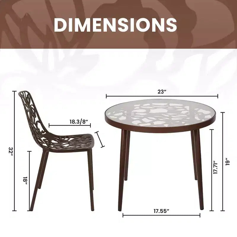 LeisureMod Devon Set da pranzo da esterno in alluminio a 3 pezzi con tavolo con piano in vetro temperato e 2 sedie impilabili con design floreale