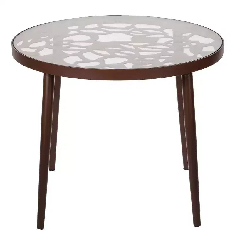 LeisureMod Devon Set da pranzo da esterno in alluminio a 3 pezzi con tavolo con piano in vetro temperato e 2 sedie impilabili con design floreale